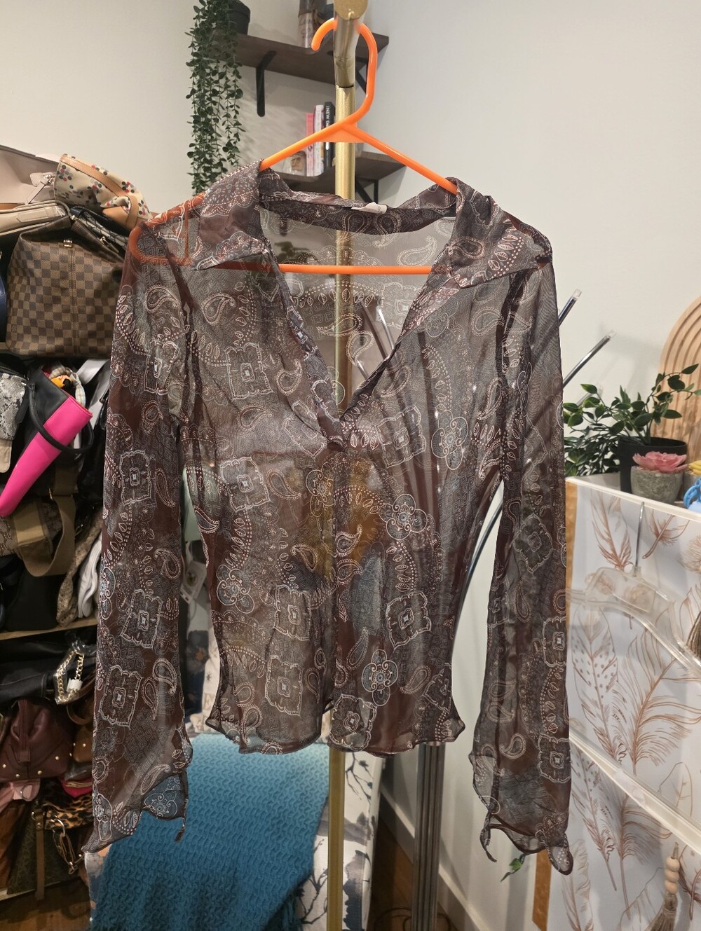 Vintage Sense Sheer Paisley Print Brown Button-Front Blouse